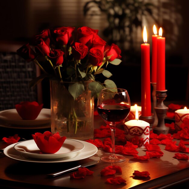 Mesa decorada para um jantar romântico com dois copos de champanhe bouquet de rosas vermelhas ou vela