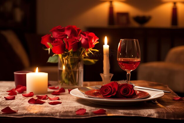 Mesa decorada para um jantar romântico com dois copos de champanhe bouquet de rosas vermelhas ou vela