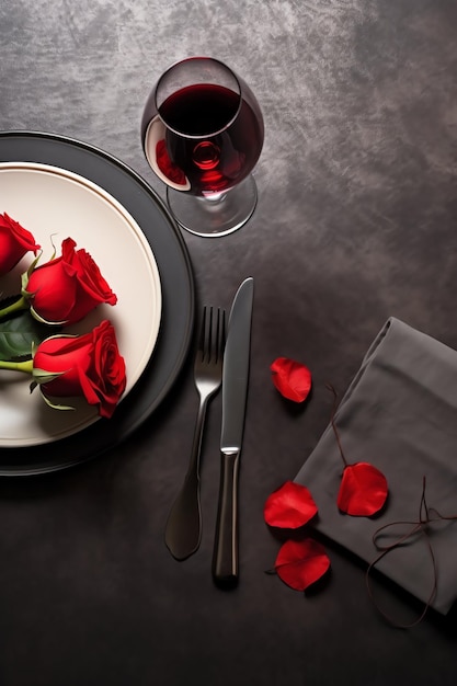 Mesa decorada para um jantar romântico com dois copos de champanhe bouquet de rosas vermelhas ou vela