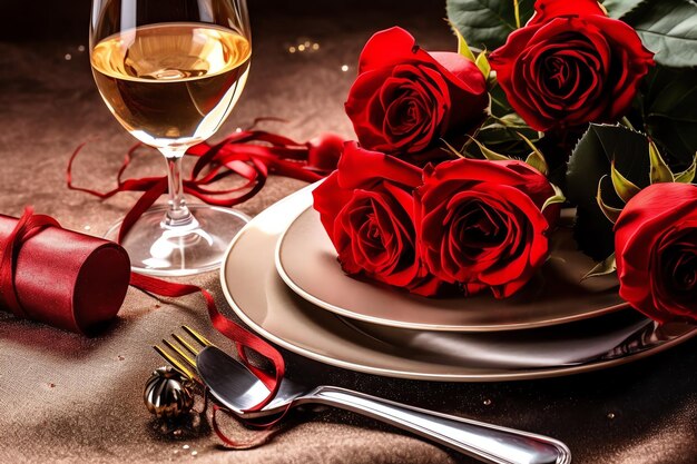 Mesa decorada para um jantar romântico com dois copos de champanhe bouquet de rosas vermelhas ou vela