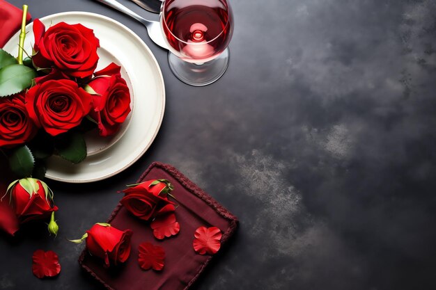 Mesa decorada para um jantar romântico com dois copos de champanhe bouquet de rosas vermelhas ou vela