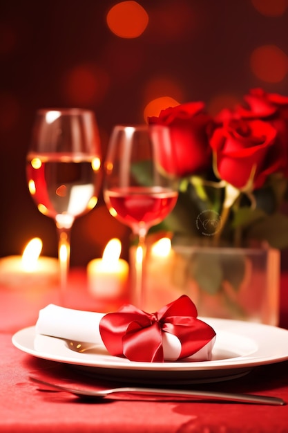 Foto mesa decorada para um jantar romântico com dois copos de champanhe bouquet de rosas vermelhas ou vela