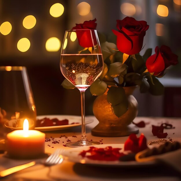 Foto mesa decorada para um jantar romântico com dois copos de champanhe bouquet de rosas vermelhas ou vela