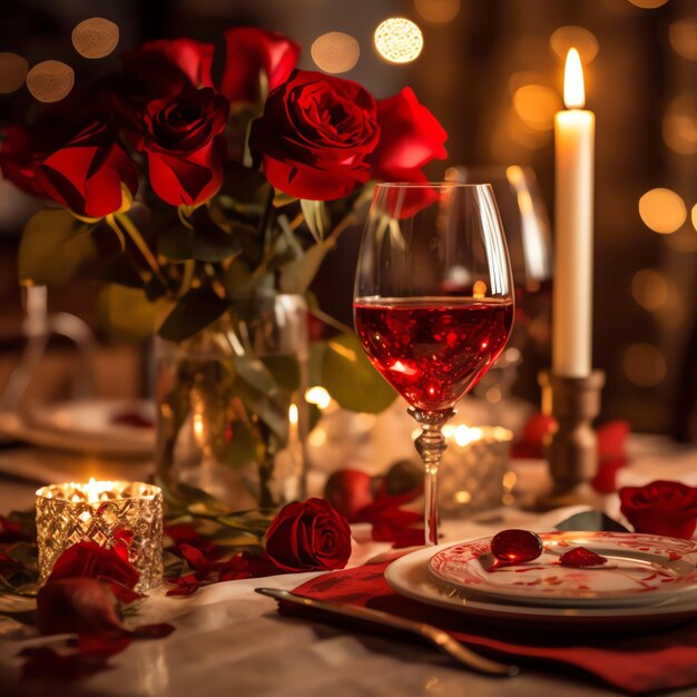 Foto mesa decorada para um jantar romântico com dois copos de champanhe bouquet de rosas vermelhas ou vela