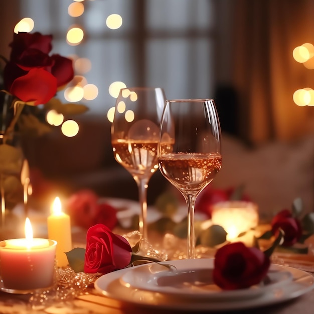 Foto mesa decorada para um jantar romântico com dois copos de champanhe bouquet de rosas vermelhas ou vela