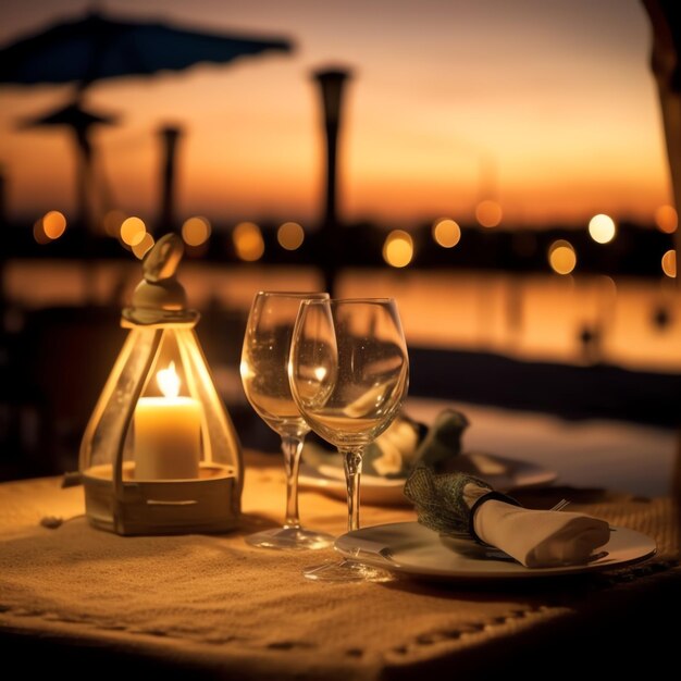 Foto mesa decorada para um jantar romântico com dois copos de champanhe bouquet de rosas vermelhas ou vela