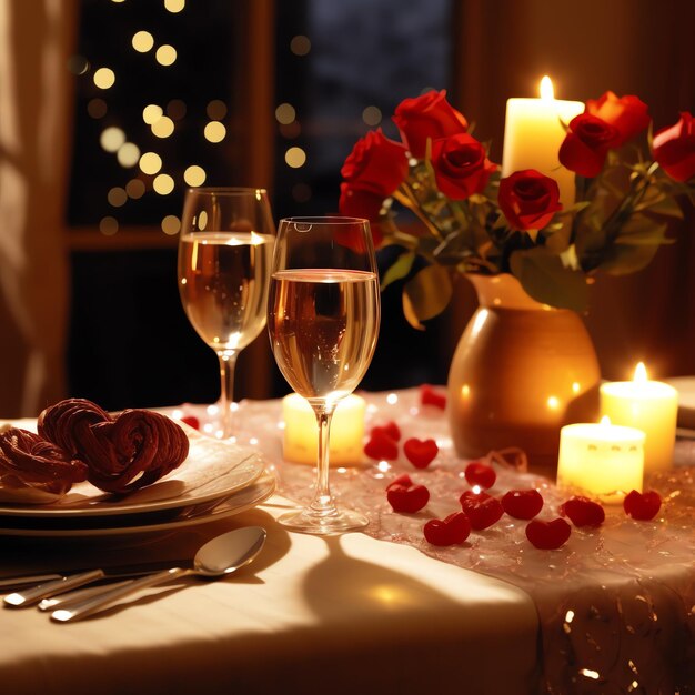 Foto mesa decorada para um jantar romântico com dois copos de champanhe bouquet de rosas vermelhas ou vela