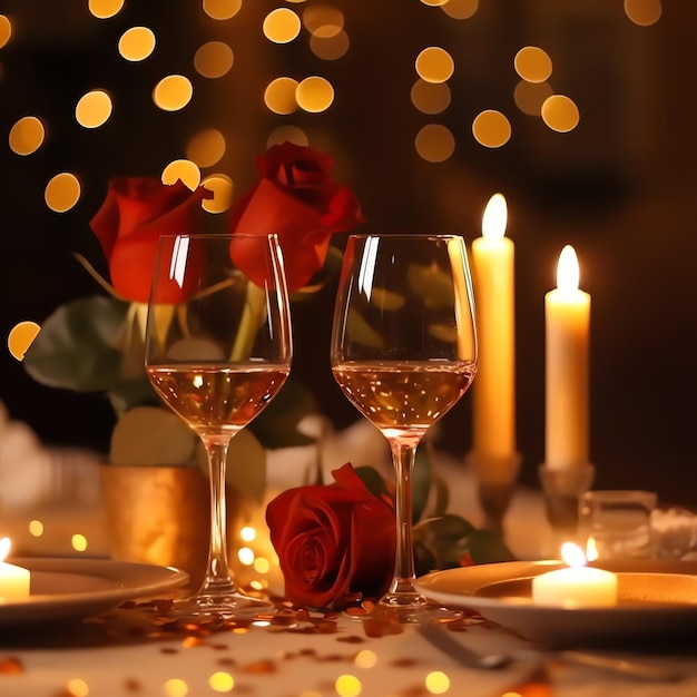 Foto mesa decorada para um jantar romântico com dois copos de champanhe bouquet de rosas vermelhas ou vela