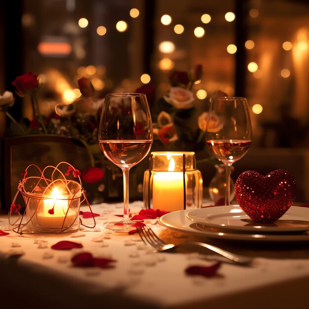 Mesa decorada para um jantar romântico com dois copos de champanhe bouquet de rosas vermelhas ou vela