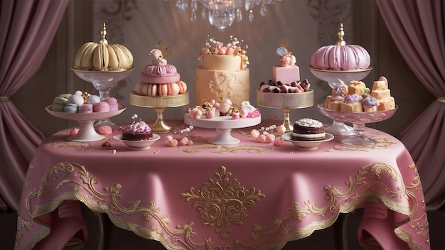 Mesa con deliciosos dulces cubiertos con seda rosada