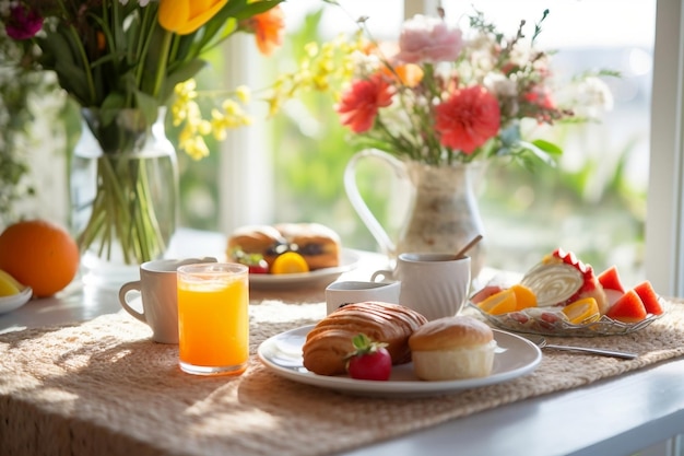 Mesa de desayuno adornada con flores IA generativa