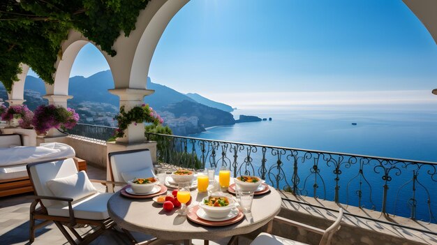 Mesa de desayuno escénica con vista al mar y figura de jirafa Una obra maestra generativa de IA