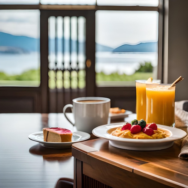 Una mesa de desayuno con una taza de café y una taza de café.