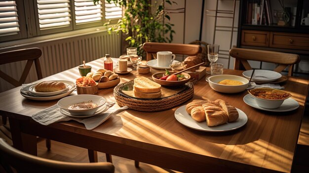 Una mesa de desayuno vacía con platos bien plegados