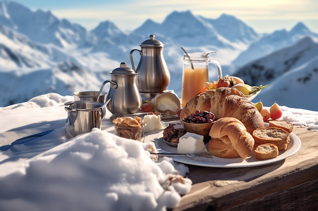 Una mesa de desayuno con vistas a las montañas de fondo.