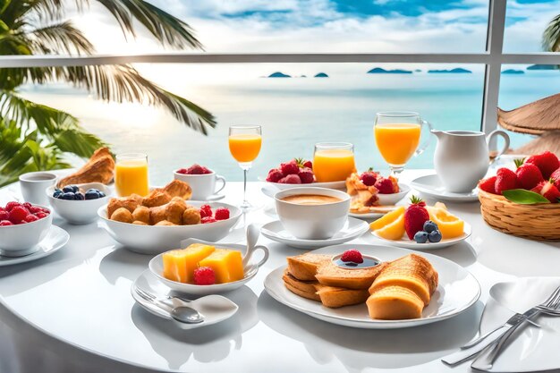 Foto una mesa con desayunos, frutas y bebidas en ella