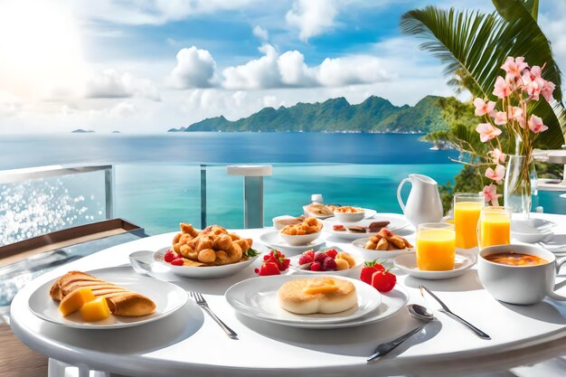 Foto una mesa con desayunos y una vista del océano