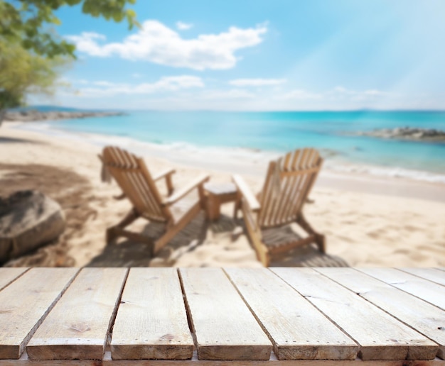 Foto mesa y desenfoque con el fondo con vista al mar