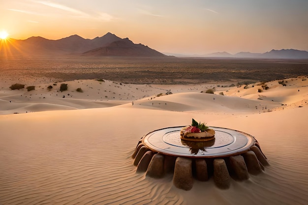 Una mesa del desierto con un pastel en el desierto al atardecer