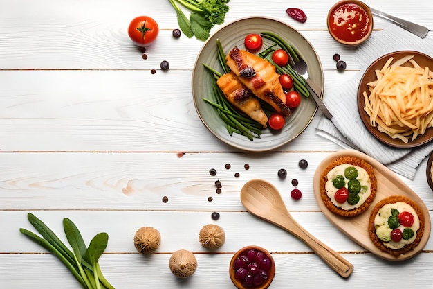 Una mesa con diferentes alimentos, incluido un plato de carne, verduras y un plato de ensalada.