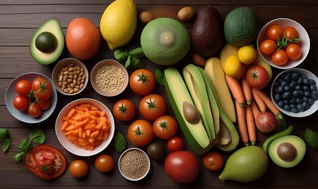 Foto mesa con diferentes frutas y verduras tomates ensaladas de aguacate