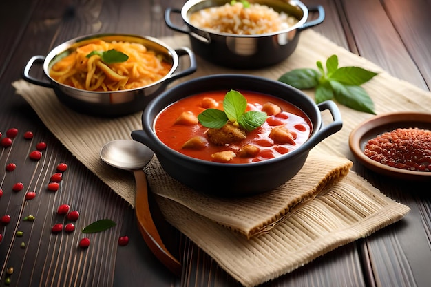 Una mesa con diferentes platos incluyendo una sopa de tomate rojo.