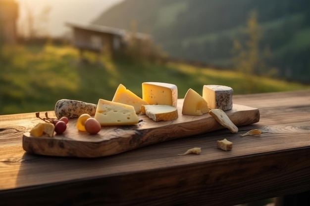 Mesa de diferentes quesos en una mesa de madera y el campo en el fondo