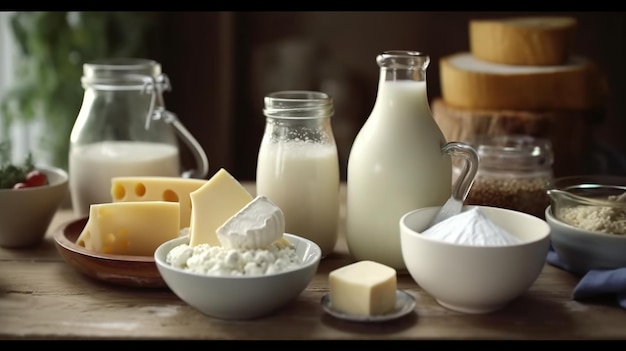 Una mesa con diferentes tipos de productos lácteos, incluyendo leche, mantequilla y leche.