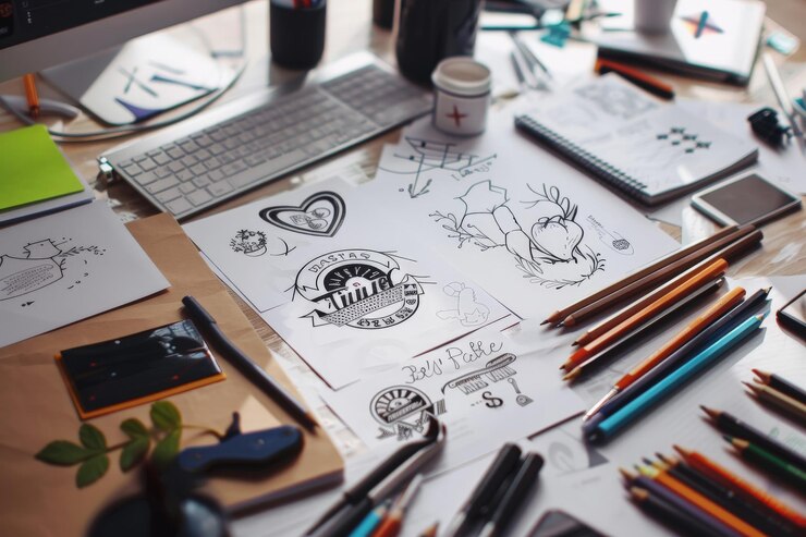 Foto mesa de diseñador un escritorio con bocetos de ideas de logotipos que se encuentran alrededor de la ia generativa