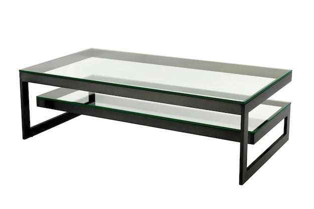 Mesa de diseño de estilo minimalista con superficie de cristal y patas de metal negro aisladas en blanco