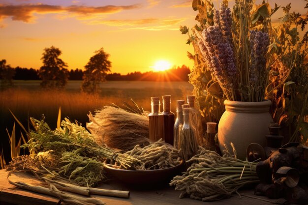 Una mesa con una disposición de jarrones que sostienen varias plantas creando una exhibición vibrante e inspirada en la naturaleza Varias hierbas y mazorcas a la luz dorada del sol del atardecer Generado por IA