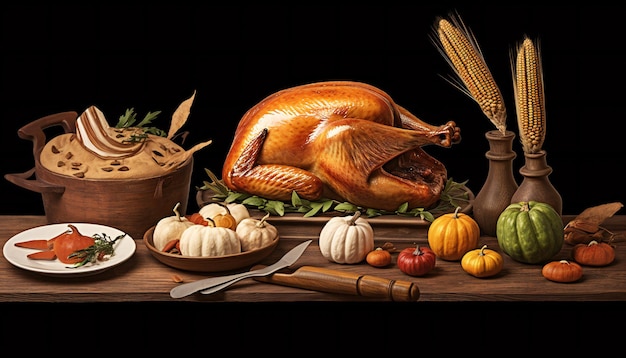 Mesa do Dia de Ação de Graças com peru e outros alimentos