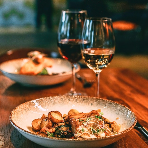 Una mesa con dos copas de vino y dos copas de vino.