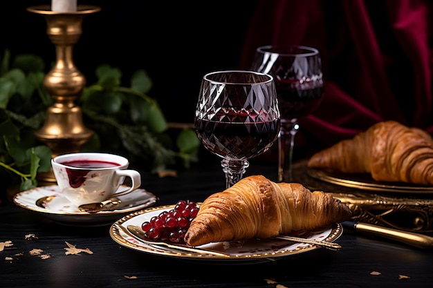 Una mesa con dos platos de croissants y una taza de jugo rojo