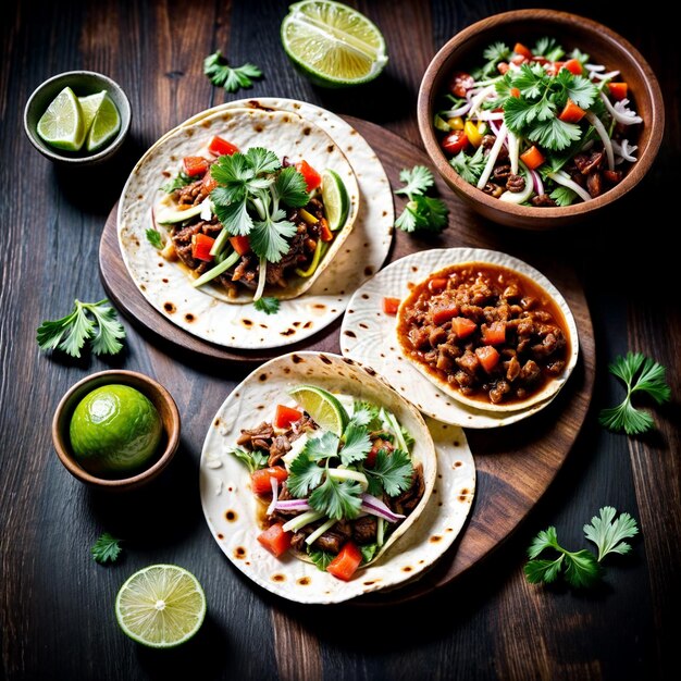 una mesa con dos tacos un plato de chile y una cuña de lima