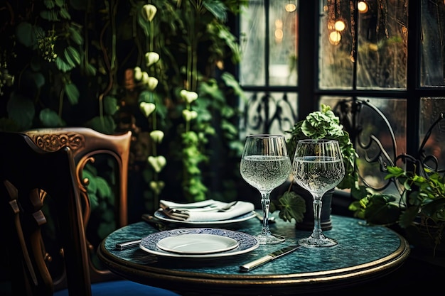 Foto mesa con dos vasos de vidrio en el restaurante