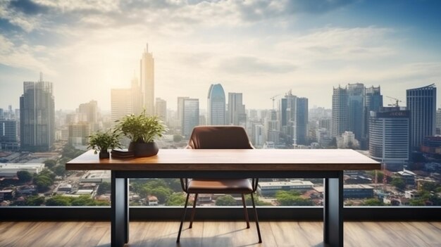 Mesa e cadeira de madeira em uma sala de escritório moderna com vista panorâmica da cidade e fundo de pôr-do-sol