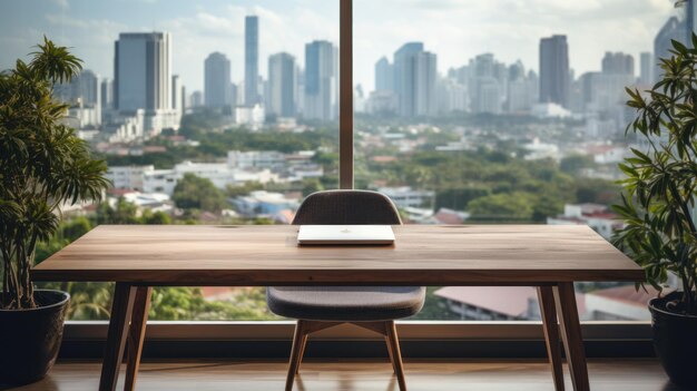 Foto mesa e cadeira de madeira no escritório com vista panorâmica da cidade, grandes janelas de fundo