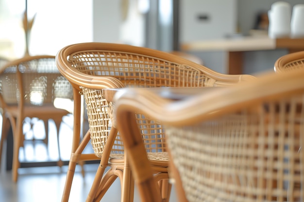 Mesa e cadeira de vime vazias em café em close-up Design de interiores