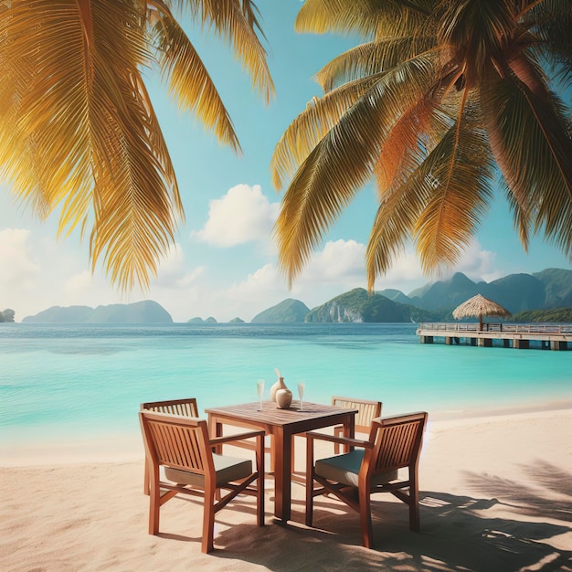 Mesa e cadeira em fundo de praia de verão tropical