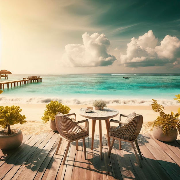 Mesa e cadeira em fundo de praia de verão tropical