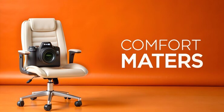 Foto mesa e cadeira ergonômicas com comfort matters texto em fundo branco enfatizando o conforto na flexi