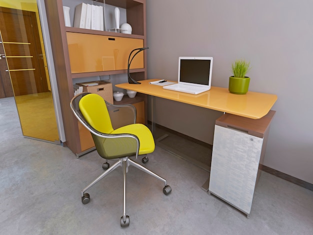 Foto mesa e cadeira na sala de estar moderna. área de trabalho. móveis em cores amarelas e marrons. 3d render.