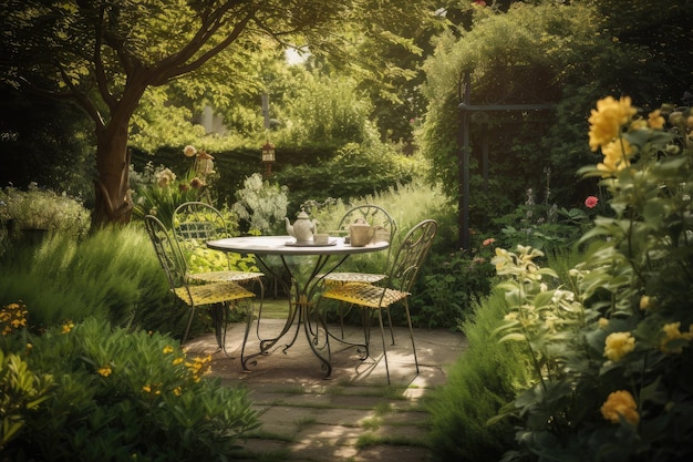 Mesa e cadeiras aconchegantes cercadas por um jardim exuberante em um dia quente de verão criado com ai generativo