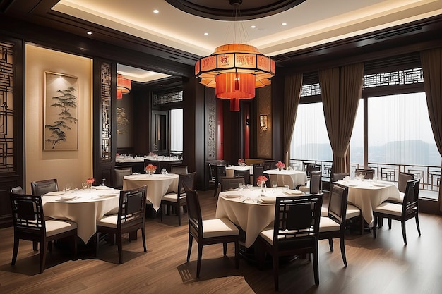 Mesa e cadeiras de um restaurante chinês de luxo