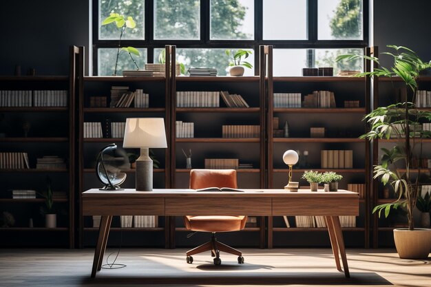 Foto mesa e cadeiras estante de madeira com livros e poltrona renderização em 3d interior do escritório de negócios