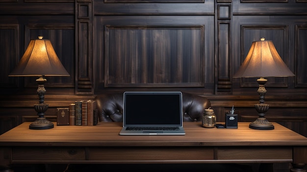 Foto mesa e cadeiras estante de madeira com livros e poltrona renderização em 3d interior do escritório de negócios