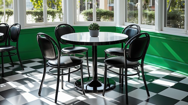 Mesa e cadeiras numa sala com paredes verdes