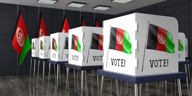 Mesa electoral de Afganistán con muchas cabinas de votación concepto electoral ilustración 3D