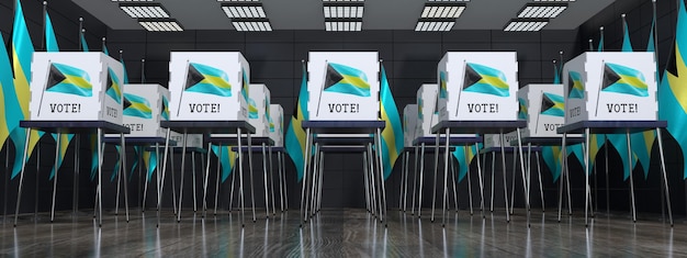 Mesa electoral de Bahamas con muchas cabinas de votación concepto electoral ilustración 3D